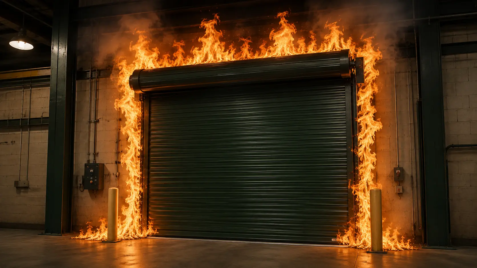 Fire-rated rolling steel commercial garage door at a Pearland facility