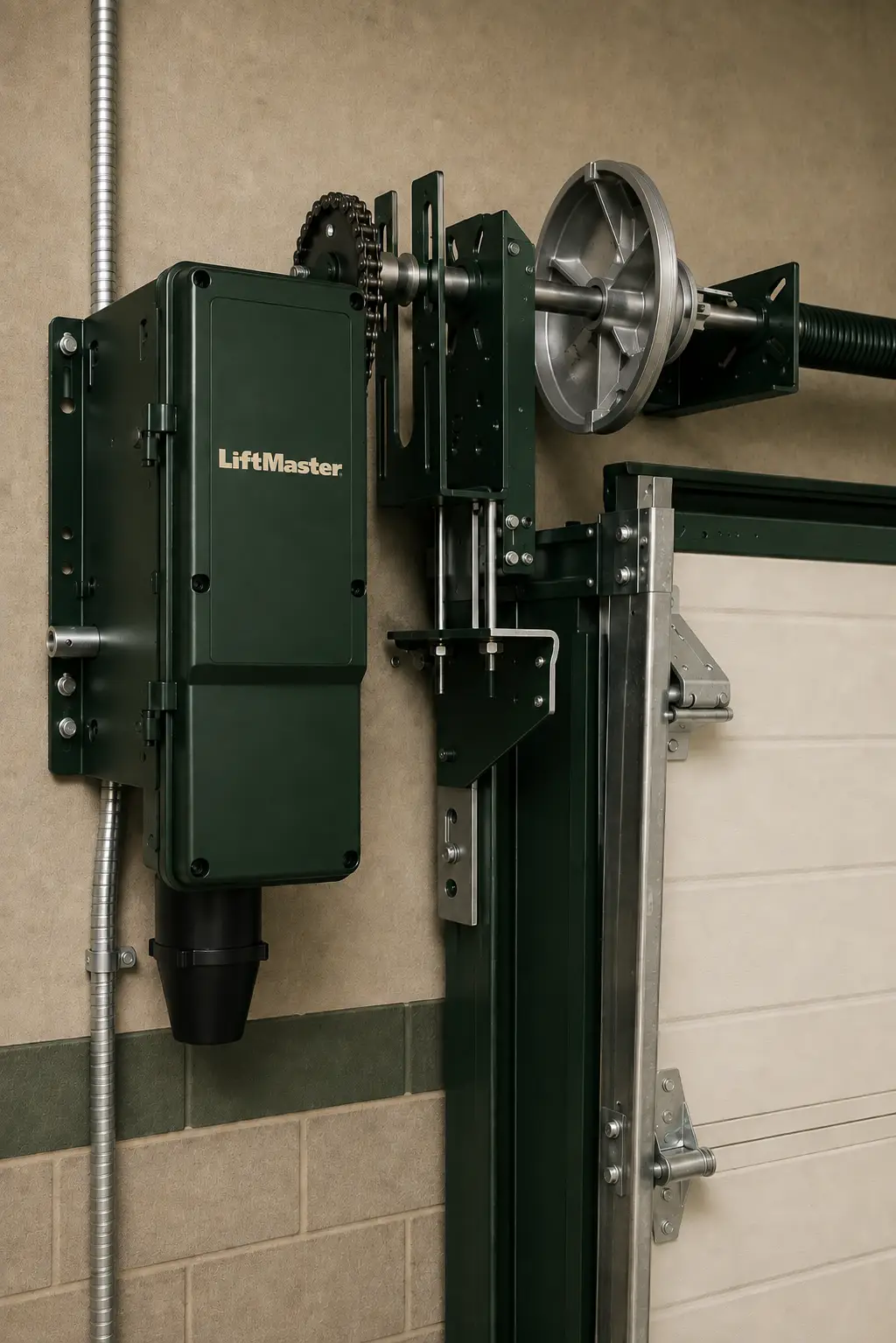 Commercial garage door with motorized opener at a Pearland Texas business