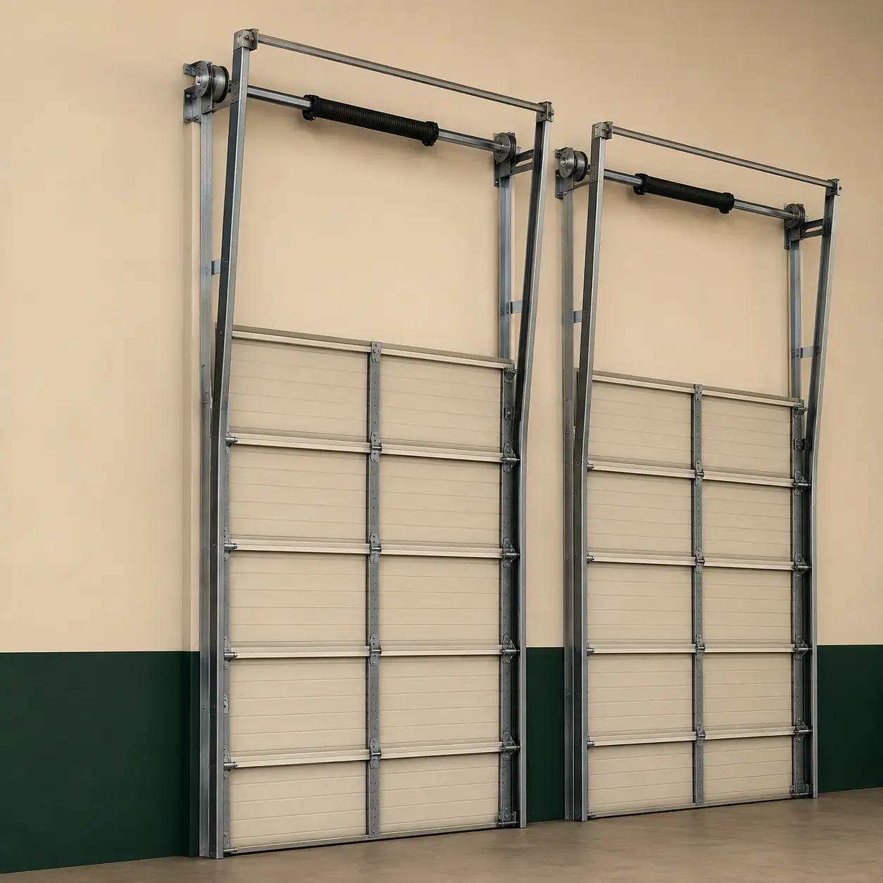 Commercial vertical lift garage door track installation in Pearland, Texas