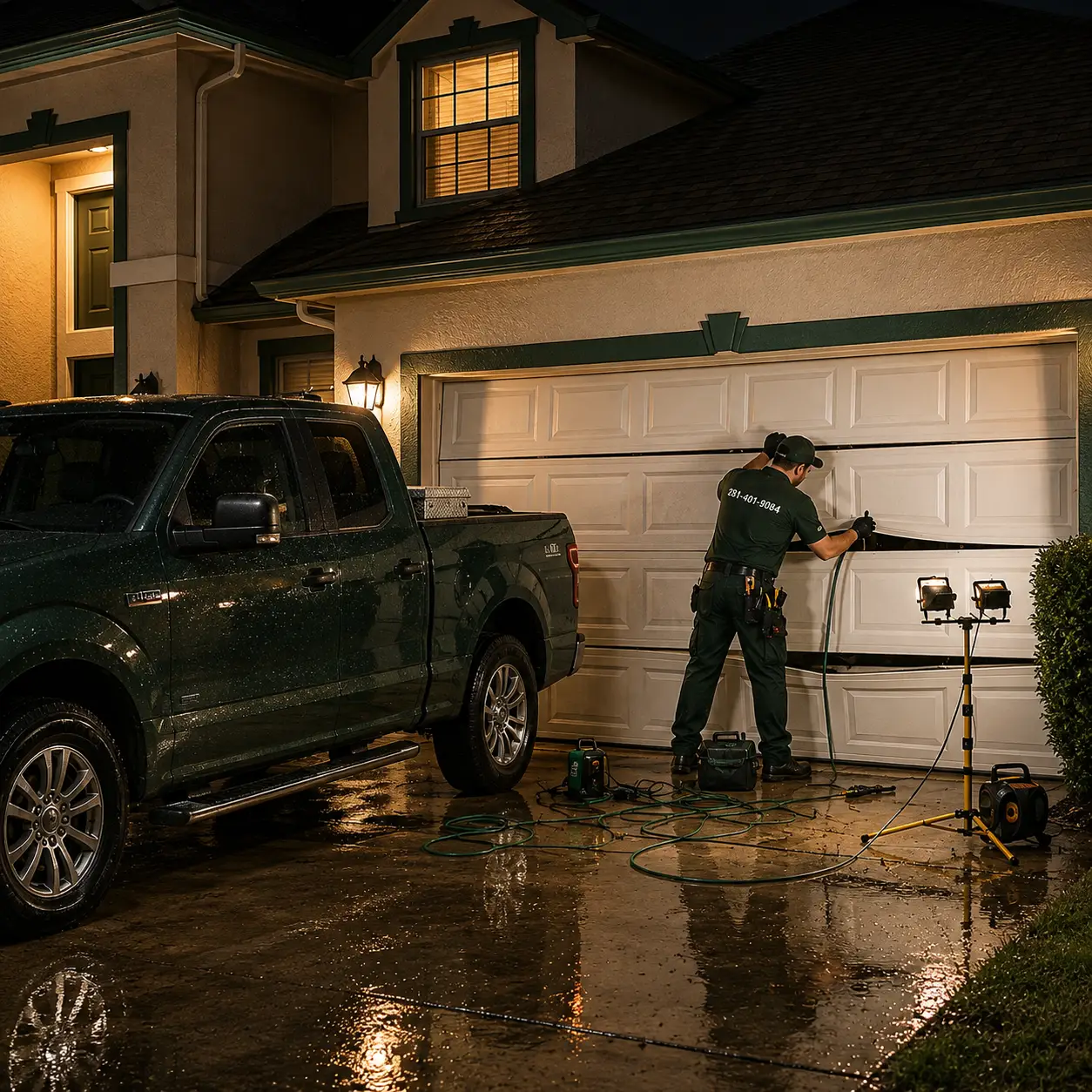 Emergency garage door repair service for a damaged residential garage door in Pearland Texas