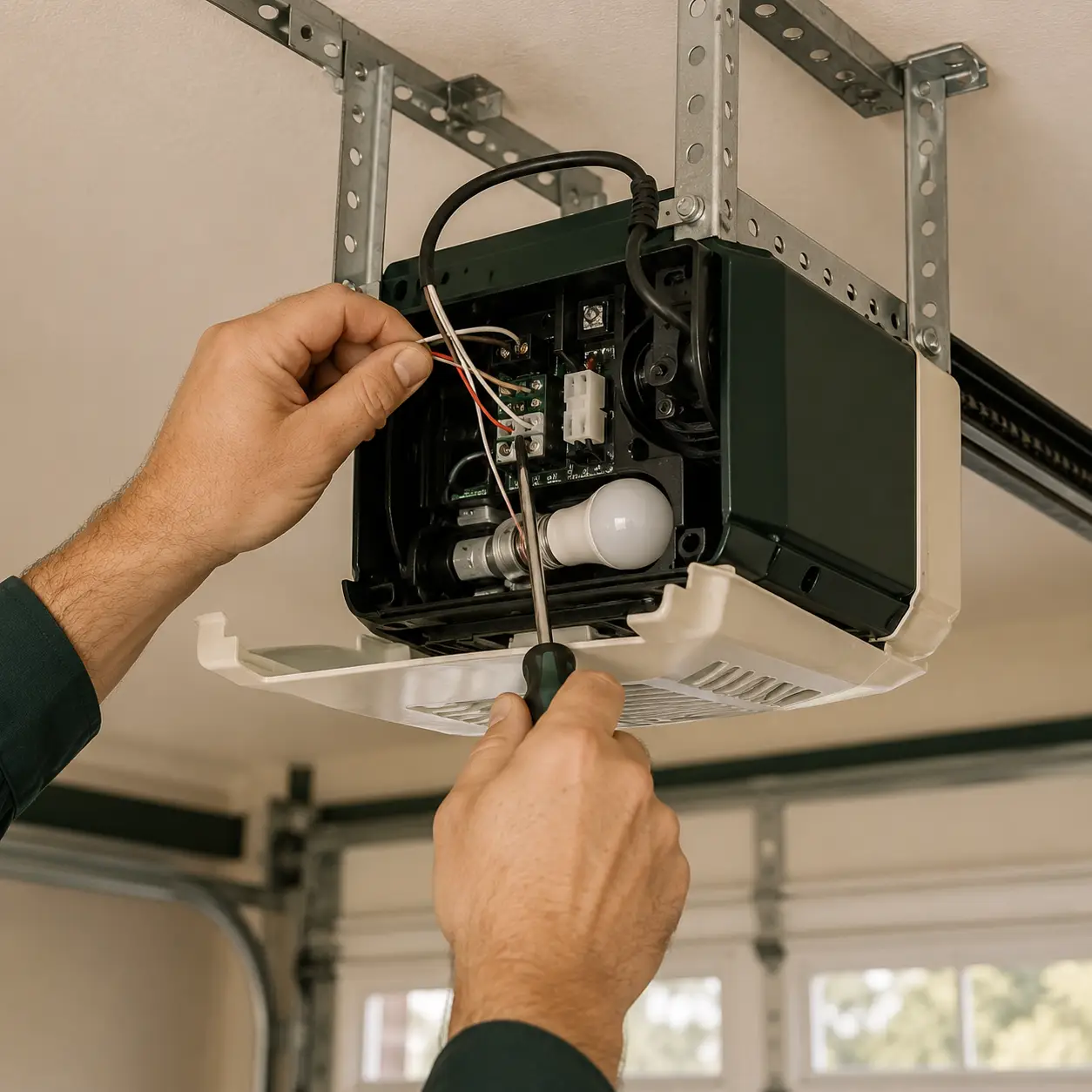 Technician repairing a garage door opener in Pearland, Texas