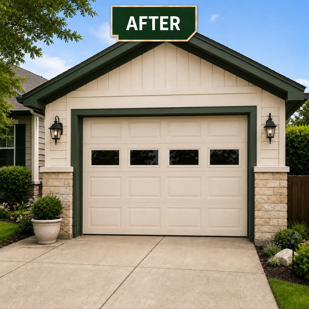 Repaired residential garage door after professional service in Pearland, Texas