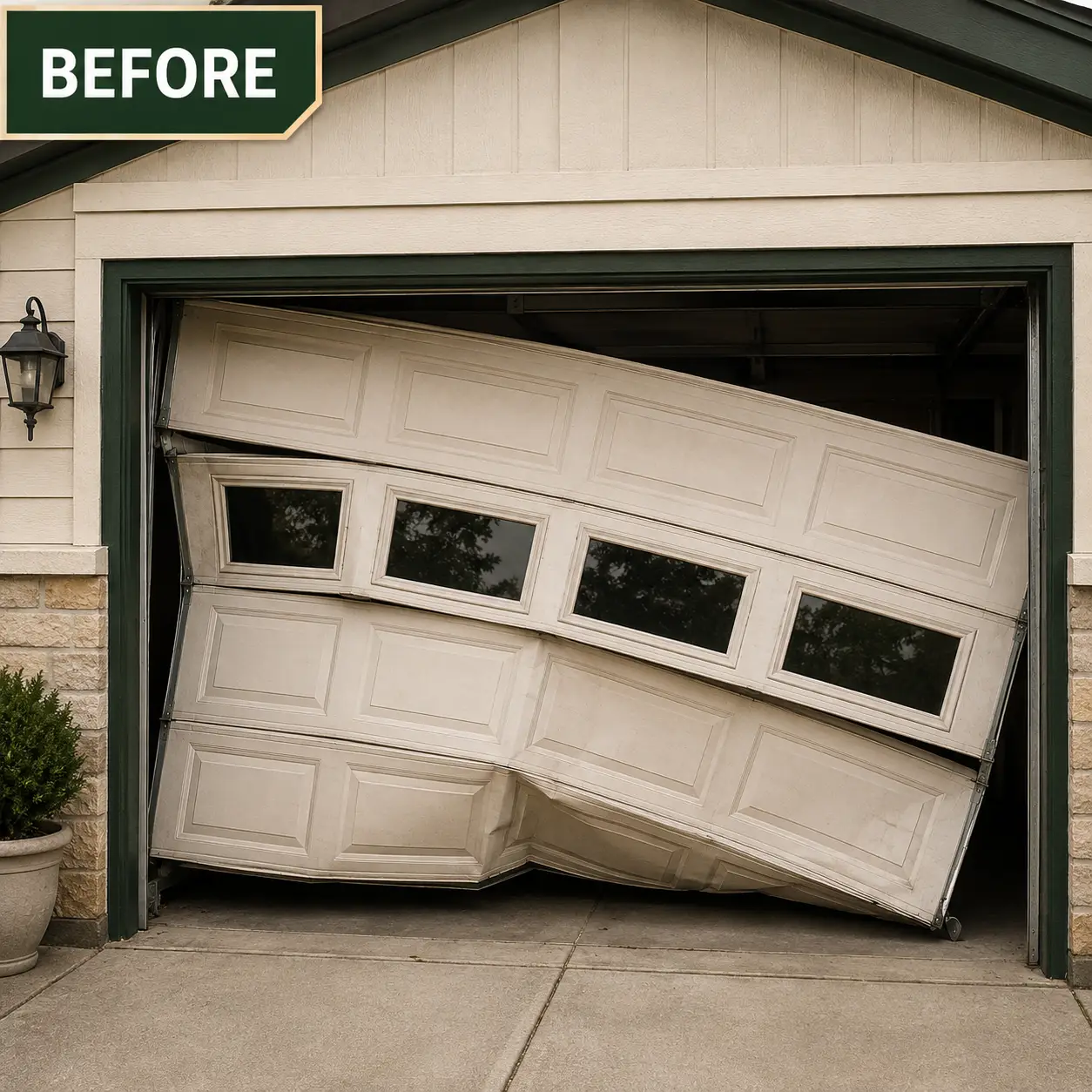 Damaged residential garage door before repair in Pearland, Texas