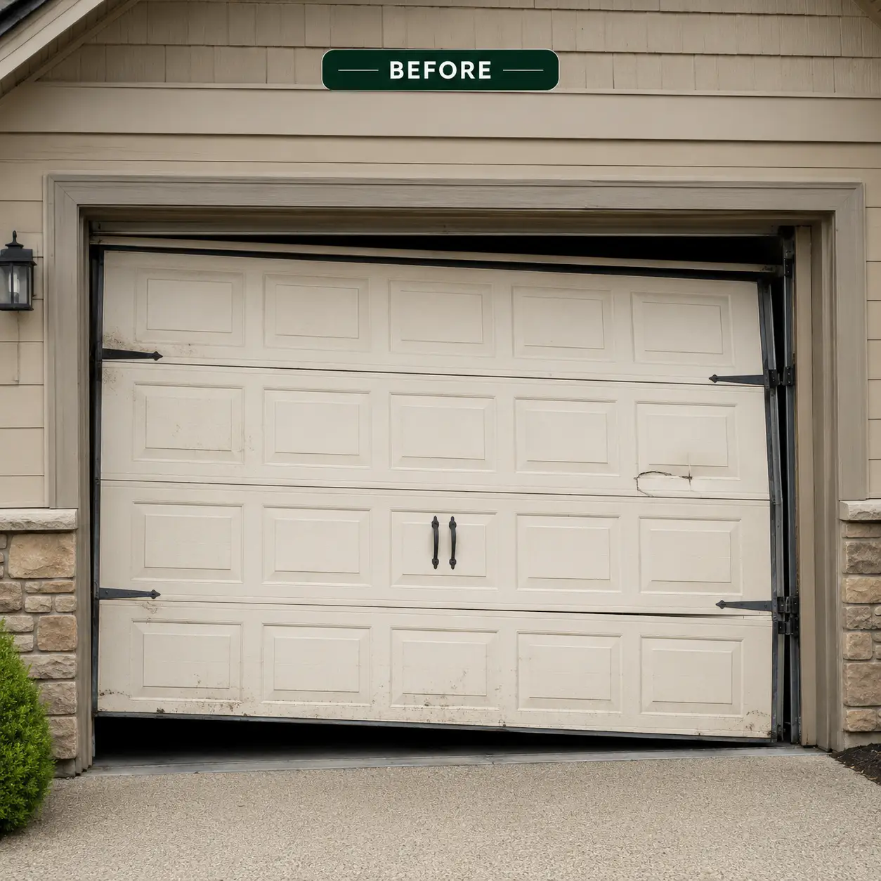Damaged residential garage door before repair in Pearland Texas