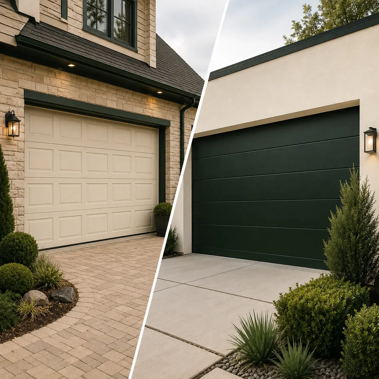 Steel aluminum fiberglass and wood garage door material options for Pearland homes