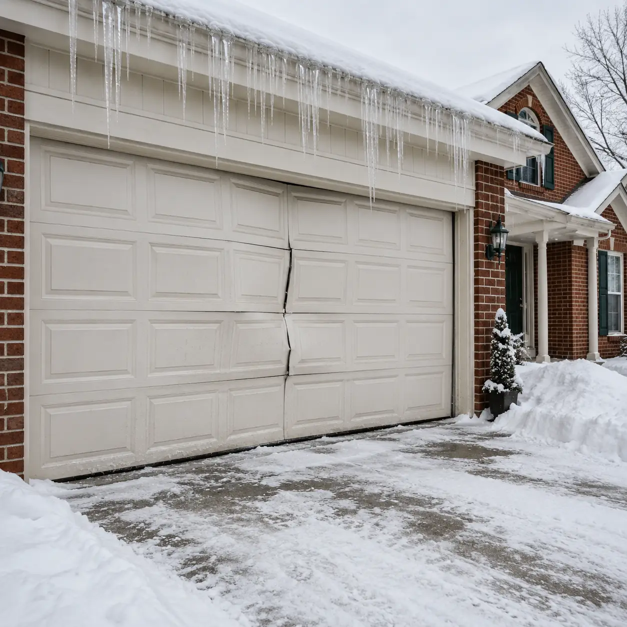 Winter-damaged residential garage door with snow and ice in Pearland, Texas
